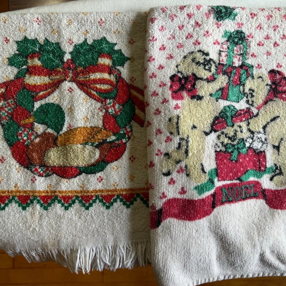 Vintage Duck and Bear Holiday Print Kitchen Towels Lot of 2 cottagecore kitsch
